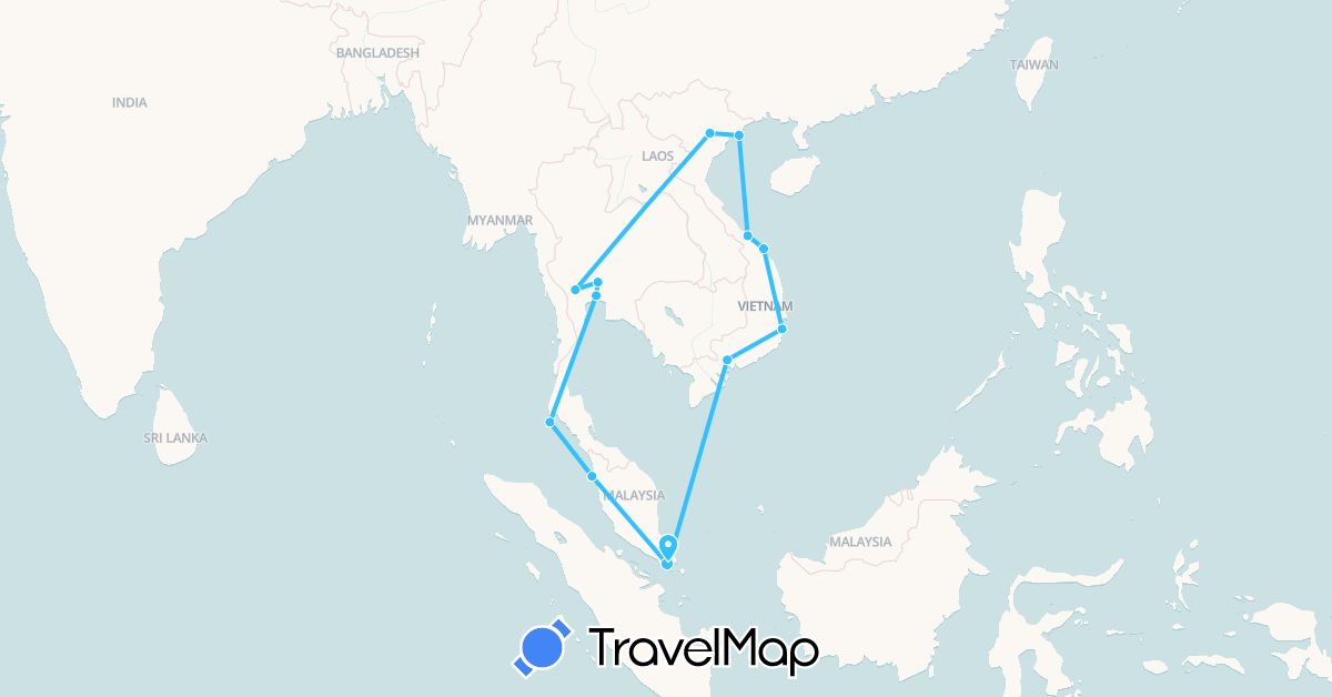 TravelMap itinerary: driving, boat in Malaysia, Singapore, Thailand, Vietnam (Asia)